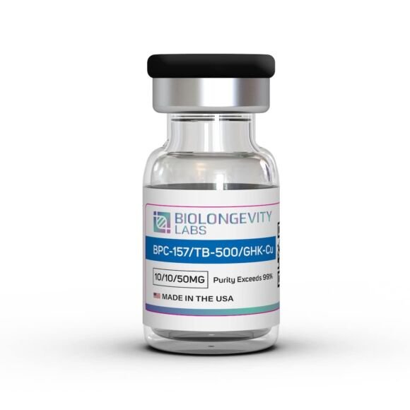 GLOW Blend peptide vial containing GHK-Cu BPC-157 and TB-500 for regenerative research