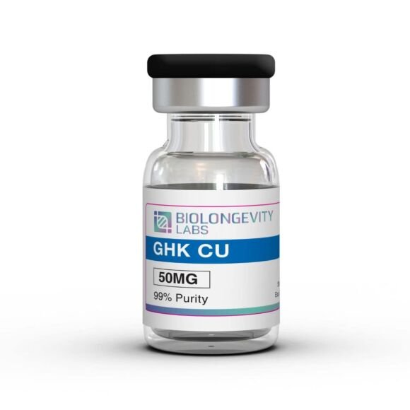 GHK-Cu copper peptide molecular structure with peptide vial for skin regeneration and tissue repair research
